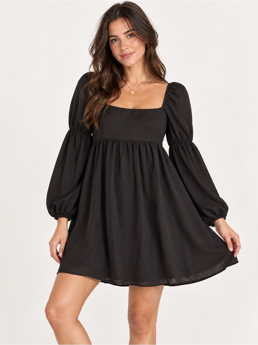 EXLURA Black Square Neck Puff Sleeve Babydoll Mini Dress Large NWT